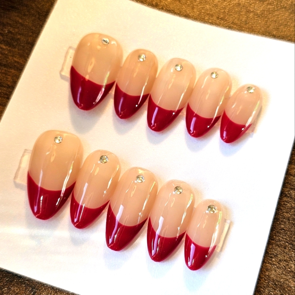 *handmade* red nude beige diamond bling french tip press on nails